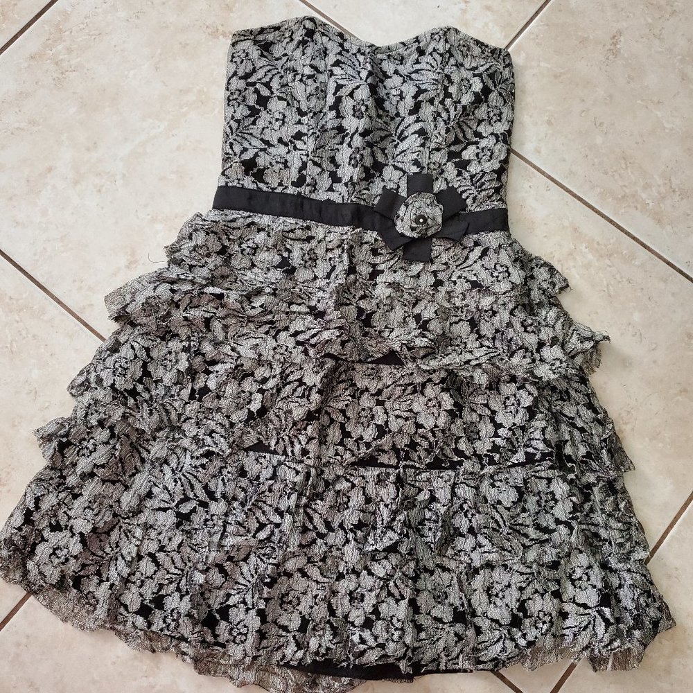 Black & silver lace floral ruffle dress